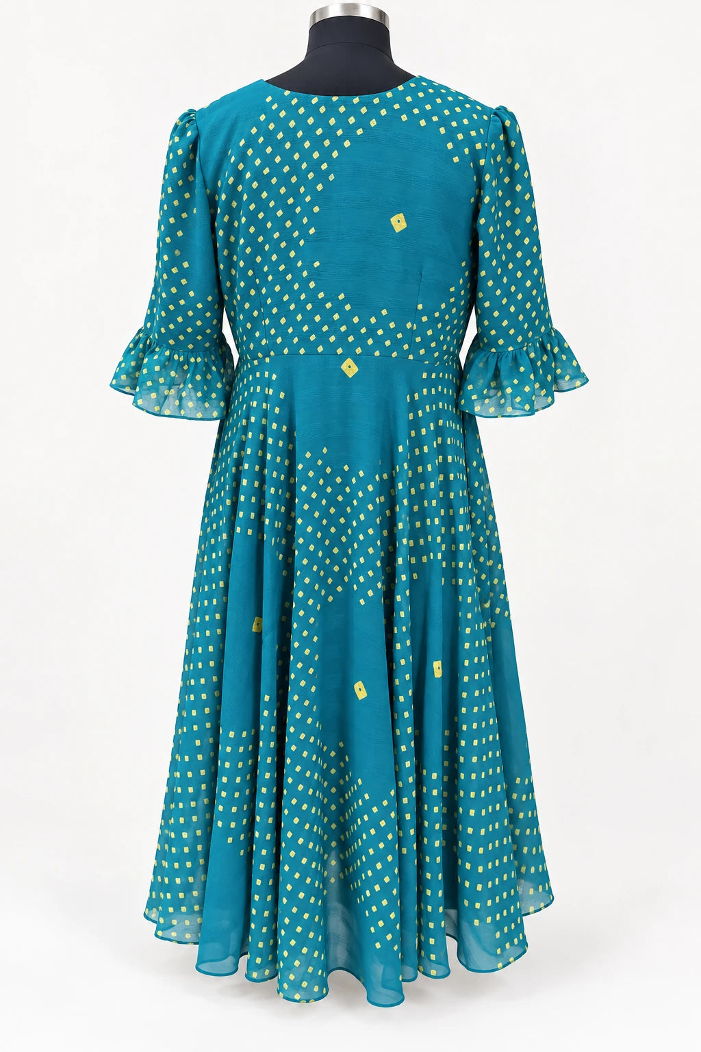 Ruhi — Teal Dot Dress, retouched garment back view on a clean background