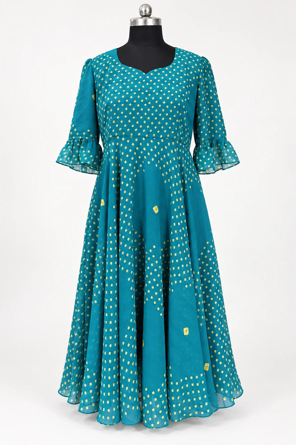 Ruhi — Teal Dot Dress, retouched garment front view on a clean background