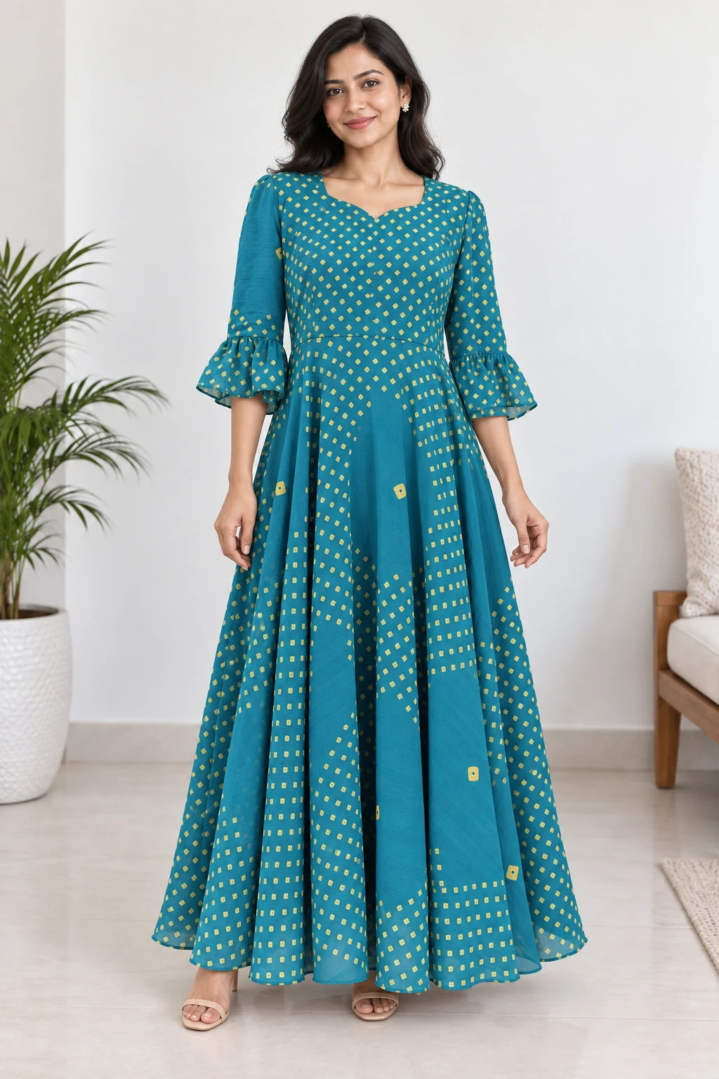 Ruhi — Teal Dot Dress, model-worn styled look