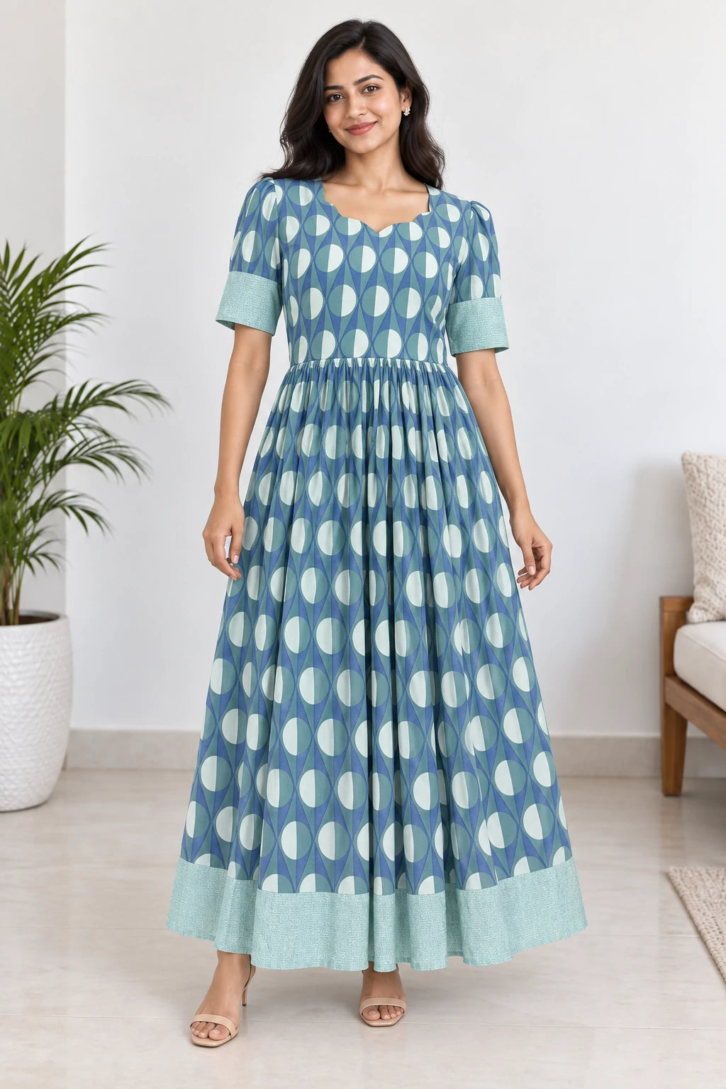 Saira — Blue Leaf & Mint Trim Dress, model-worn styled look