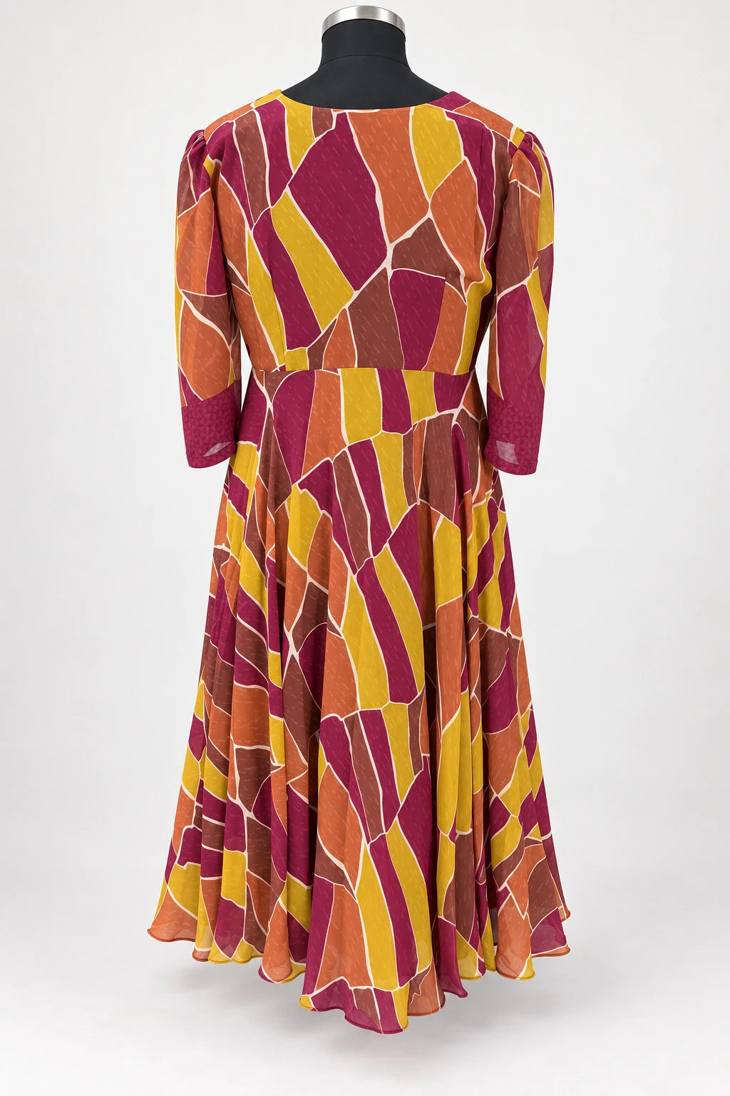 Samaira — Rust & Plum Geometric Dress, retouched garment back view on a clean background