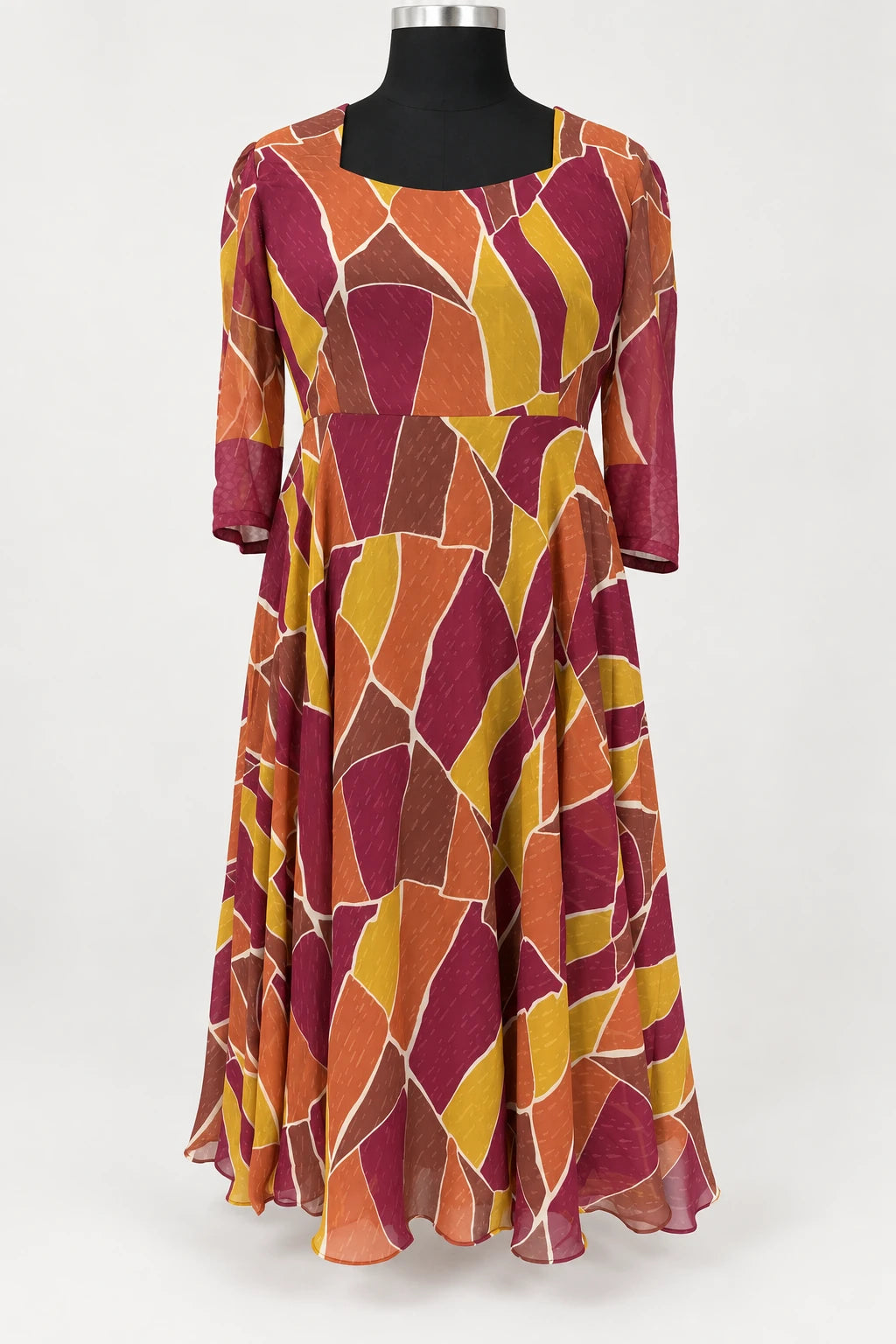 Samaira — Rust & Plum Geometric Dress, retouched garment front view on a clean background