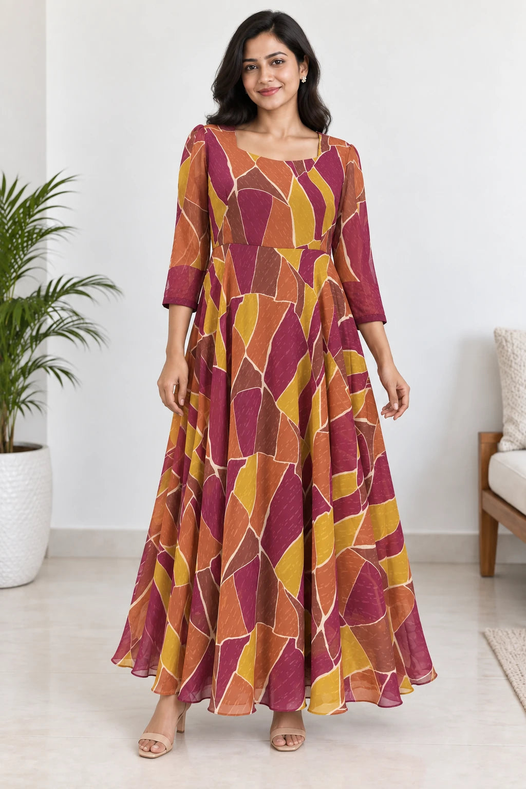 Samaira — Rust & Plum Geometric Dress, model-worn styled look