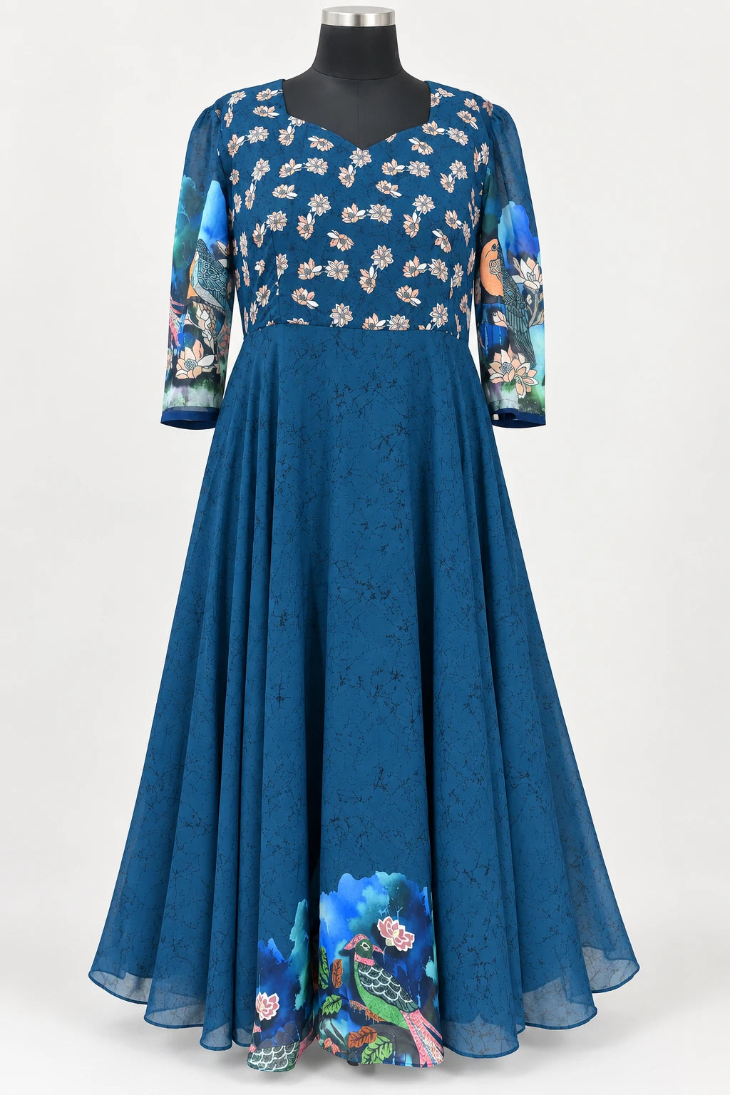 Sana — Blue Floral Border Dress, retouched garment front view on a clean background