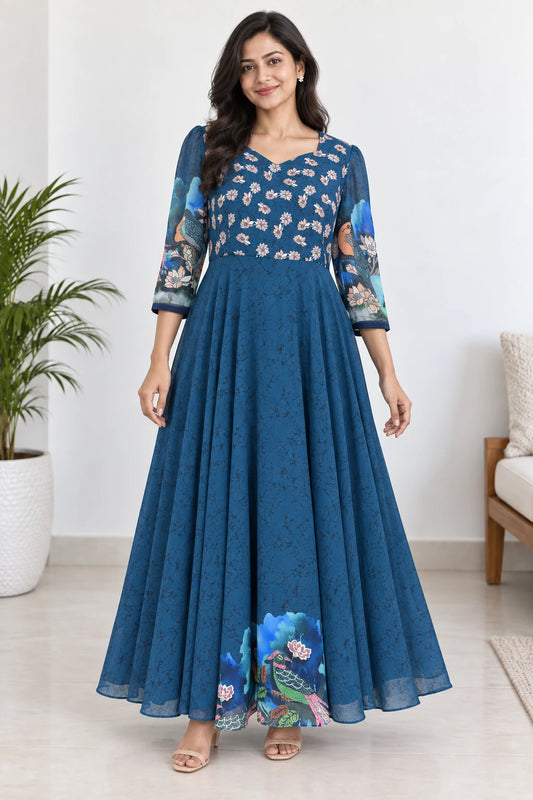 Sana — Blue Floral Border Dress, model-worn styled look