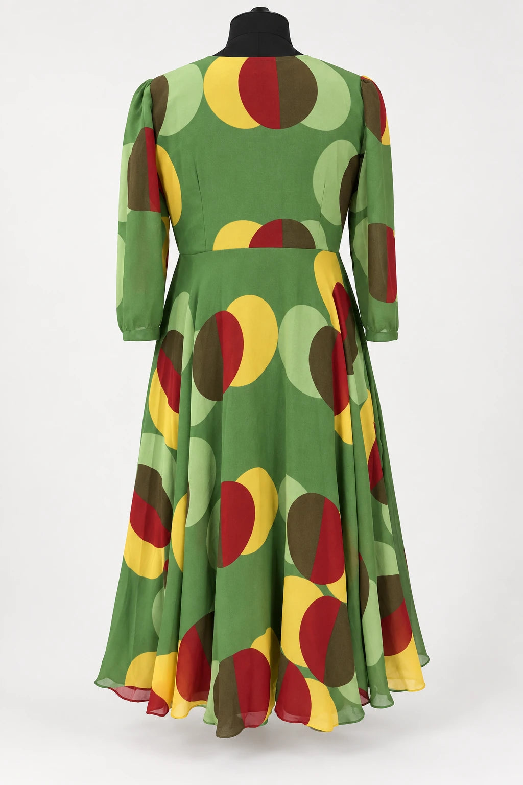 Tanvi — Green Retro Round Neck Dress, retouched garment back view on a clean background