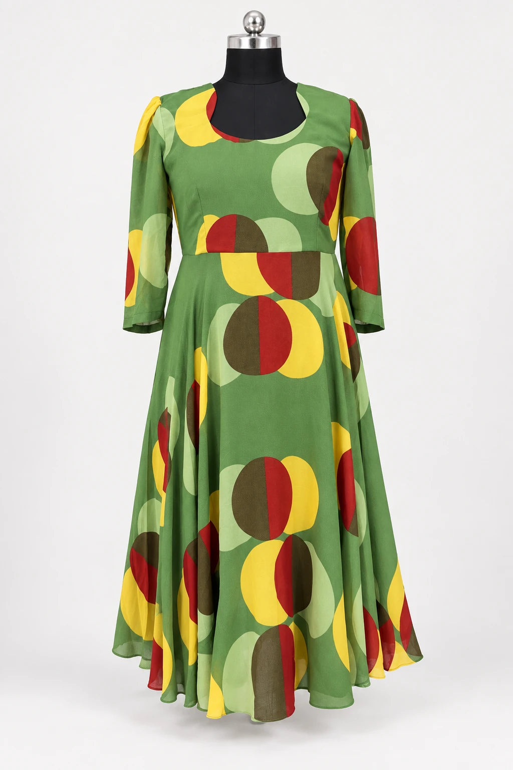 Tanvi — Green Retro Round Neck Dress, retouched garment front view on a clean background