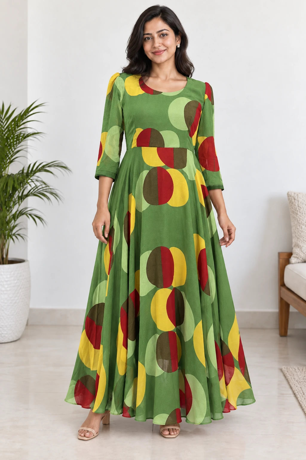 Tanvi — Green Retro Round Neck Dress, model-worn styled look