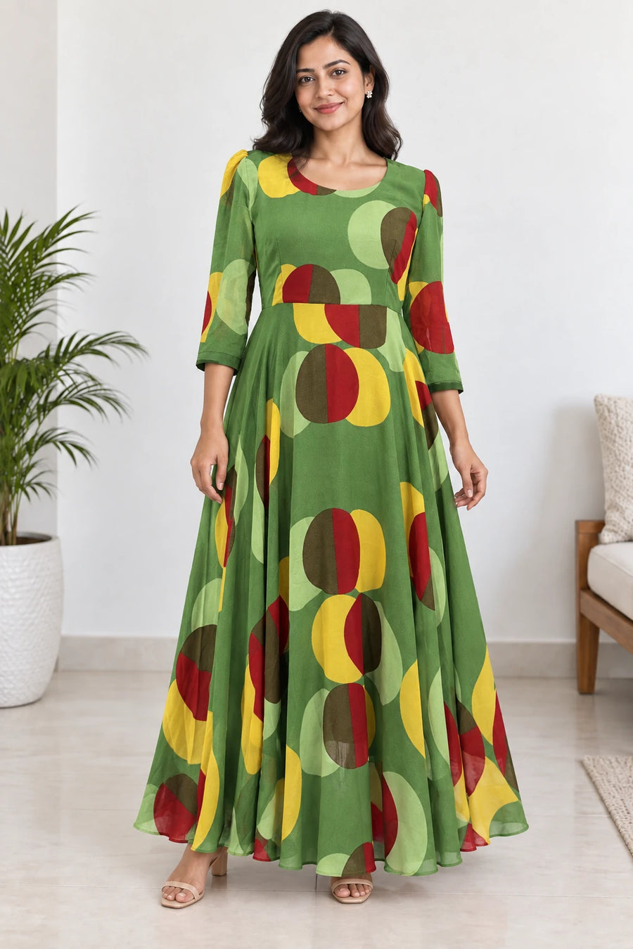 Tanvi — Green Retro Round Neck Dress
