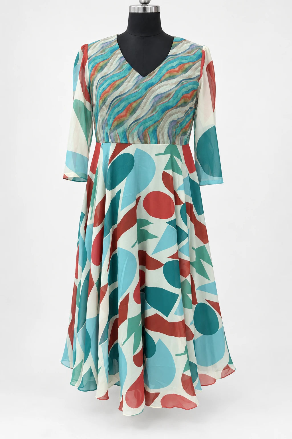 Tia — Aqua Abstract Wave Dress, retouched garment front view on a clean background