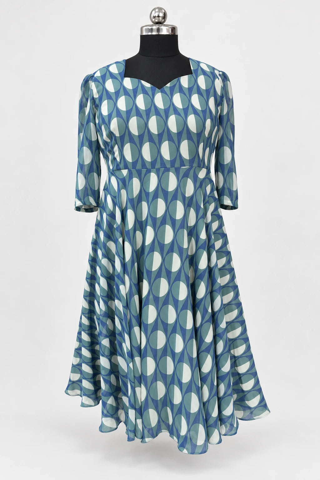 Tisha — Blue & Ivory Leaf Dress, retouched garment front view on a clean background