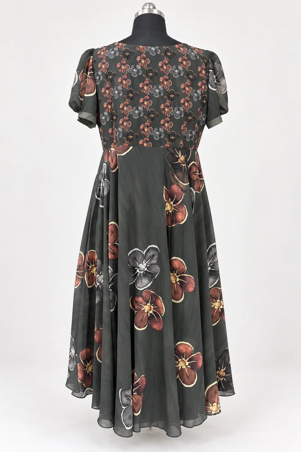 Trisha — Charcoal Copper Floral Dress, retouched garment back view on a clean background