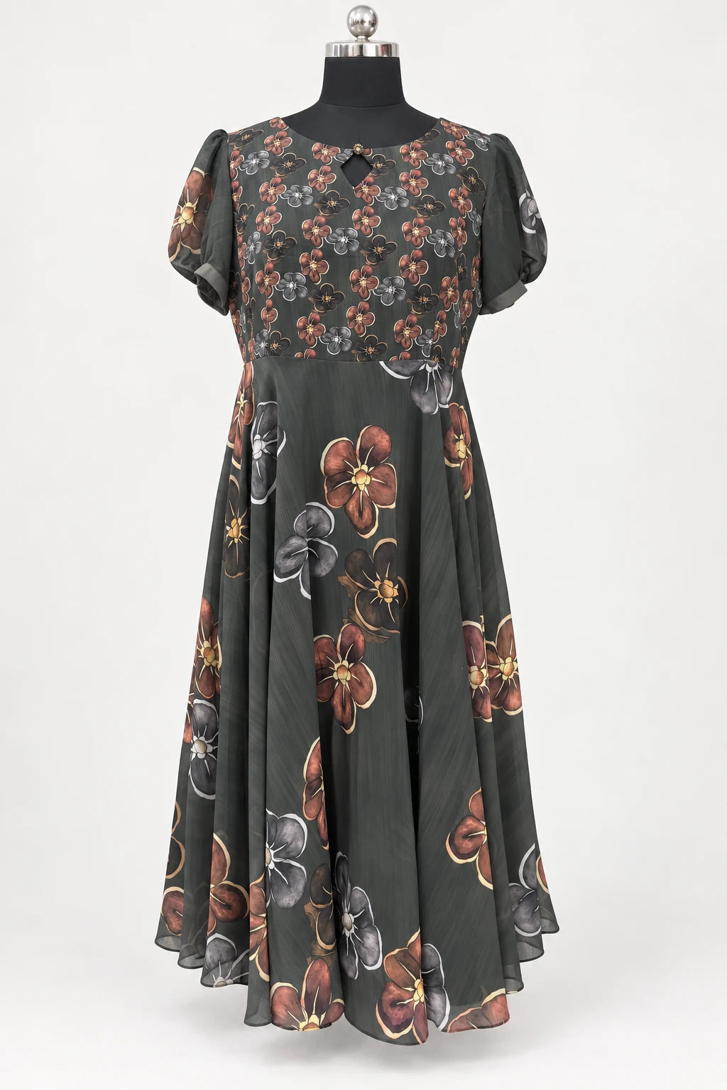 Trisha — Charcoal Copper Floral Dress, retouched garment front view on a clean background