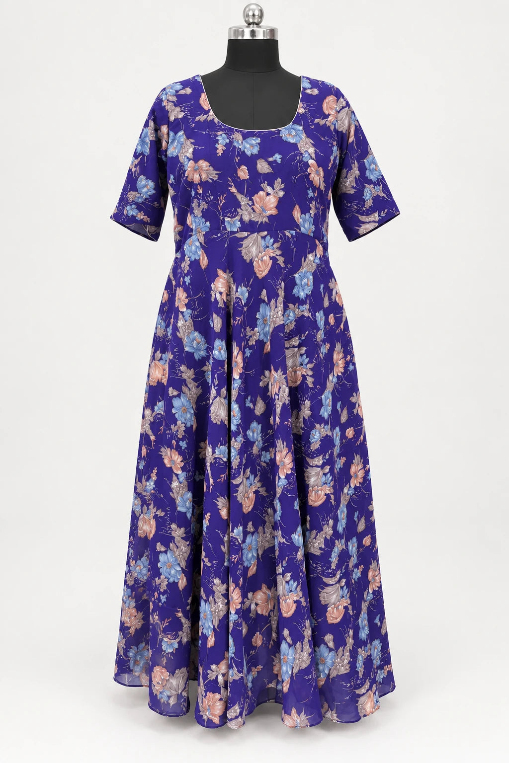 Veda — Violet Floral Dress, retouched garment front view on a clean background