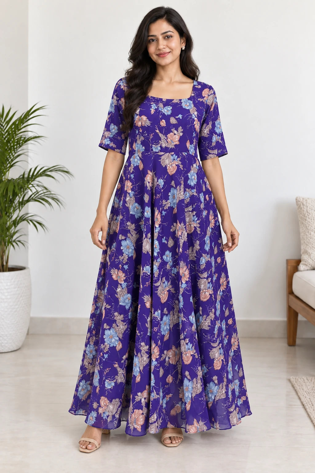Veda — Violet Floral Dress, model-worn styled look