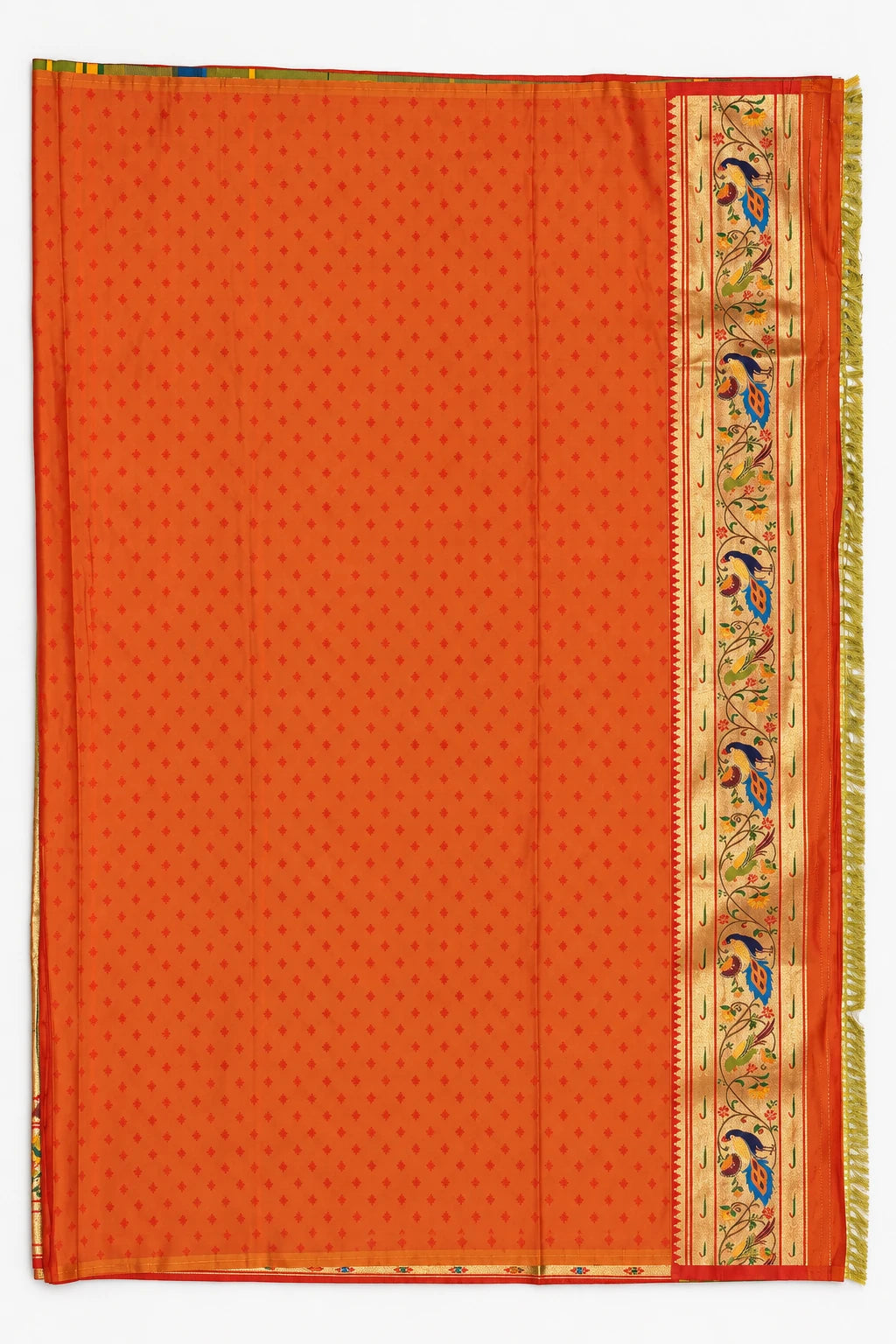 Ahalya — Gold Orange Peacock Saree, retouched coordinating fabric on a clean background