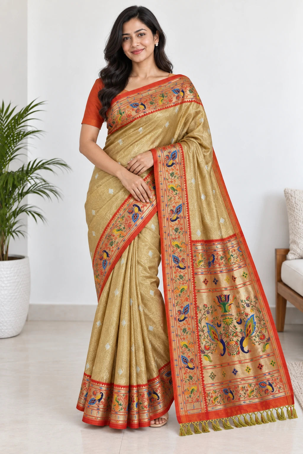 Ahalya — Gold Orange Peacock Saree, model-worn styling photograph
