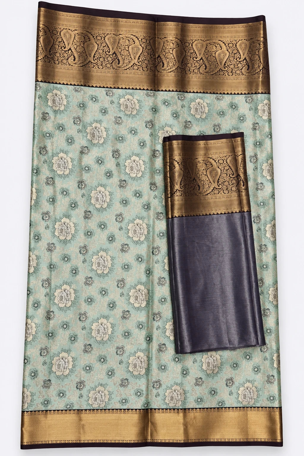Chaitra — Mint Bronze Paisley Border Saree, retouched coordinating fabric detail on a clean background