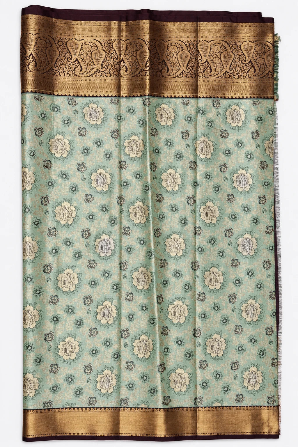 Chaitra — Mint Bronze Paisley Border Saree, retouched body & border on a clean background