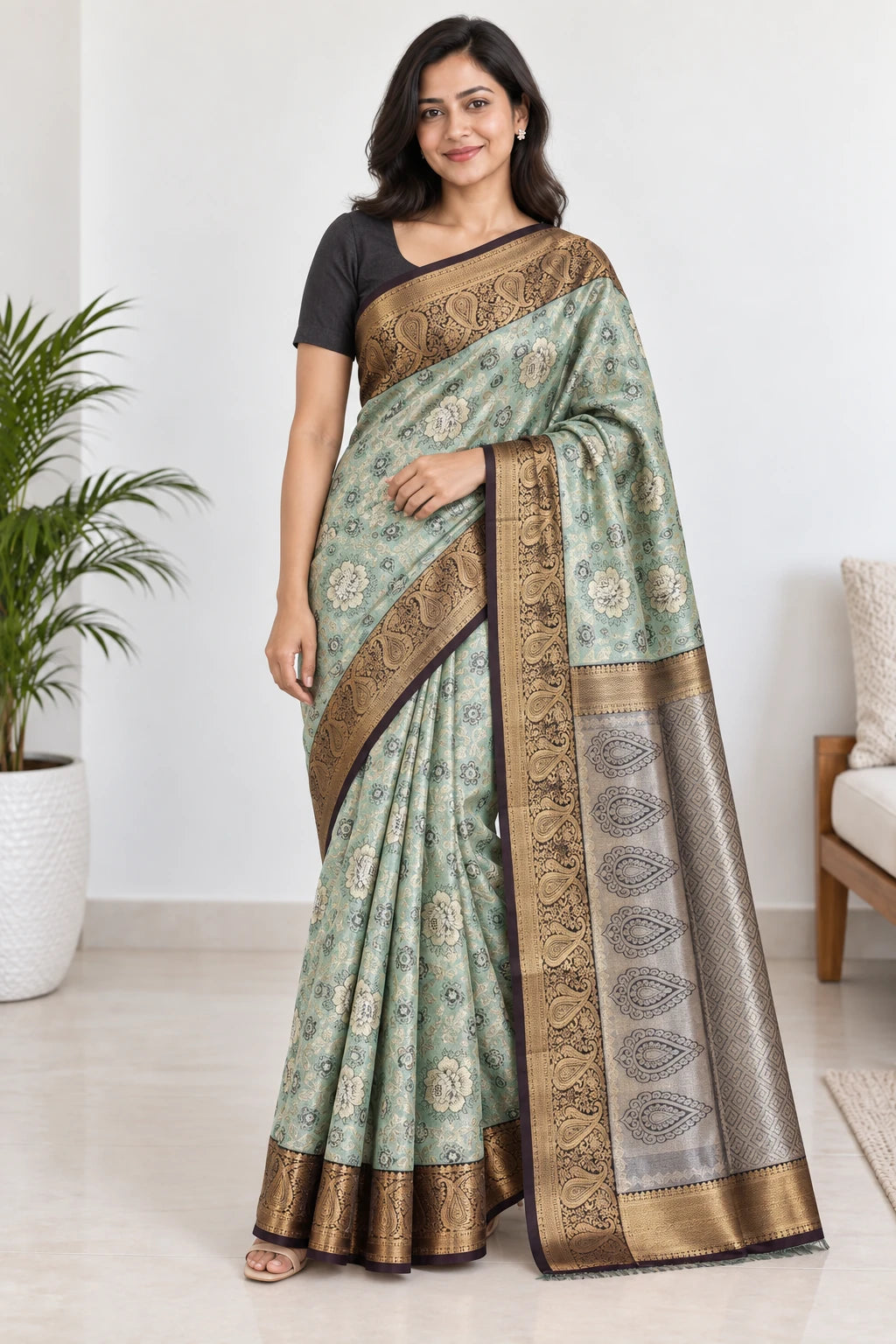 Chaitra — Mint Bronze Paisley Border Saree, model-worn styling photograph