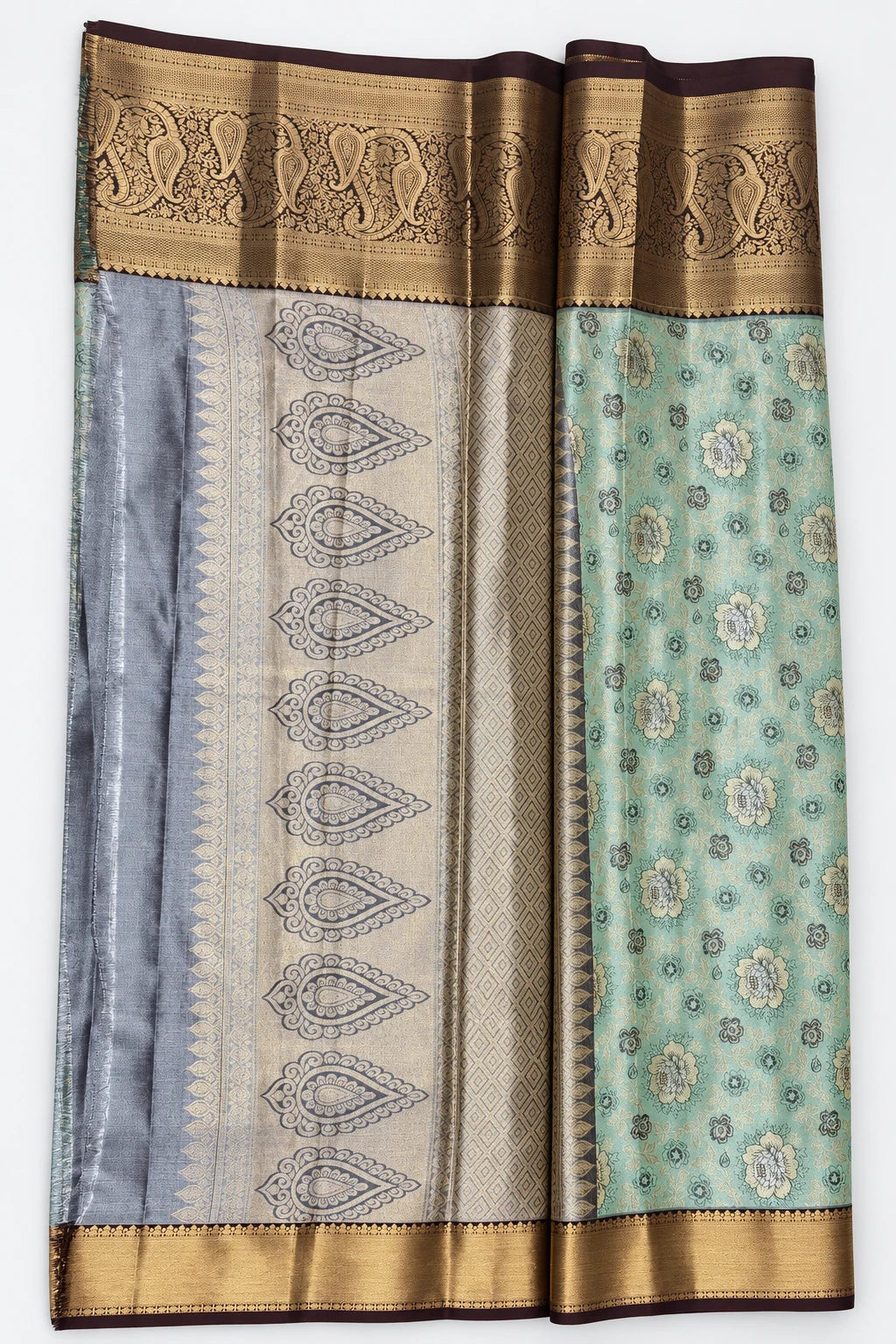 Chaitra — Mint Bronze Paisley Border Saree, retouched paisley pallu on a clean background