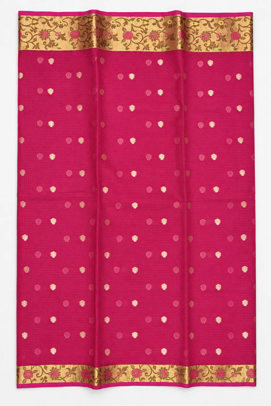 Hamsika — Rani Pink Floral Border Saree, retouched body & border on a clean background