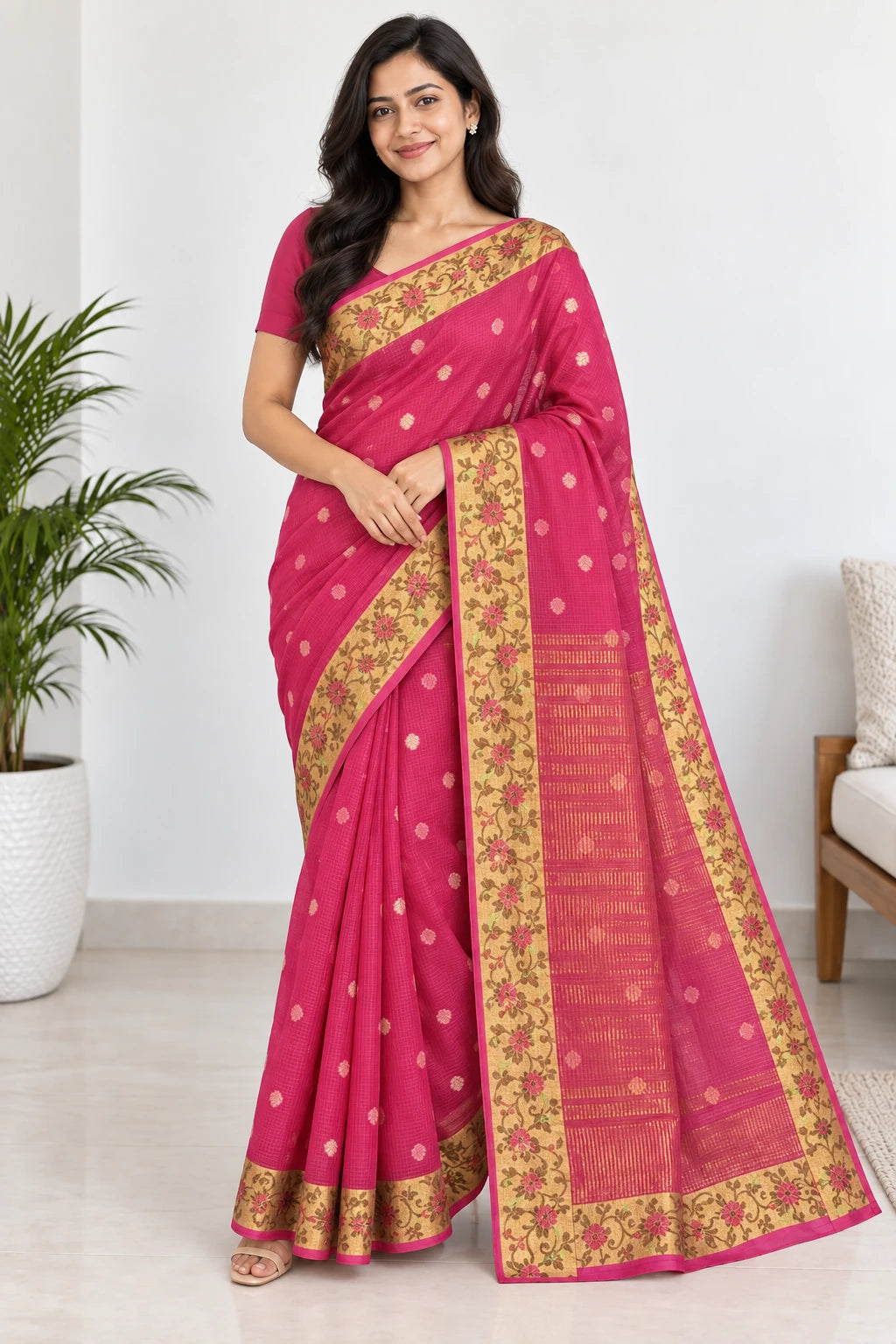 Hamsika — Rani Pink Floral Border Saree, model-worn styling photograph