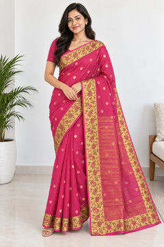 Hamsika — Rani Pink Floral Border Saree, model-worn styling photograph