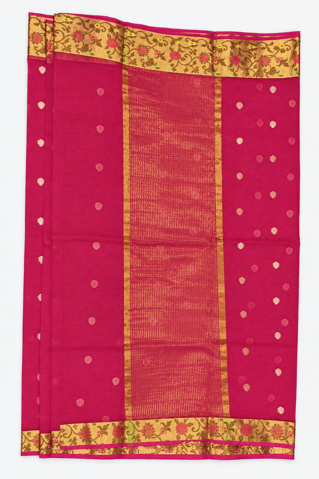 Hamsika — Rani Pink Floral Border Saree, retouched pallu detail on a clean background