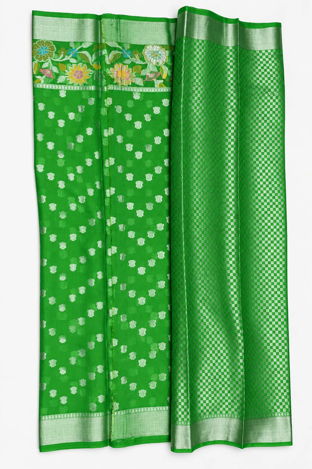 Harshita — Emerald Silver Floral Saree, retouched pallu detail on a clean background