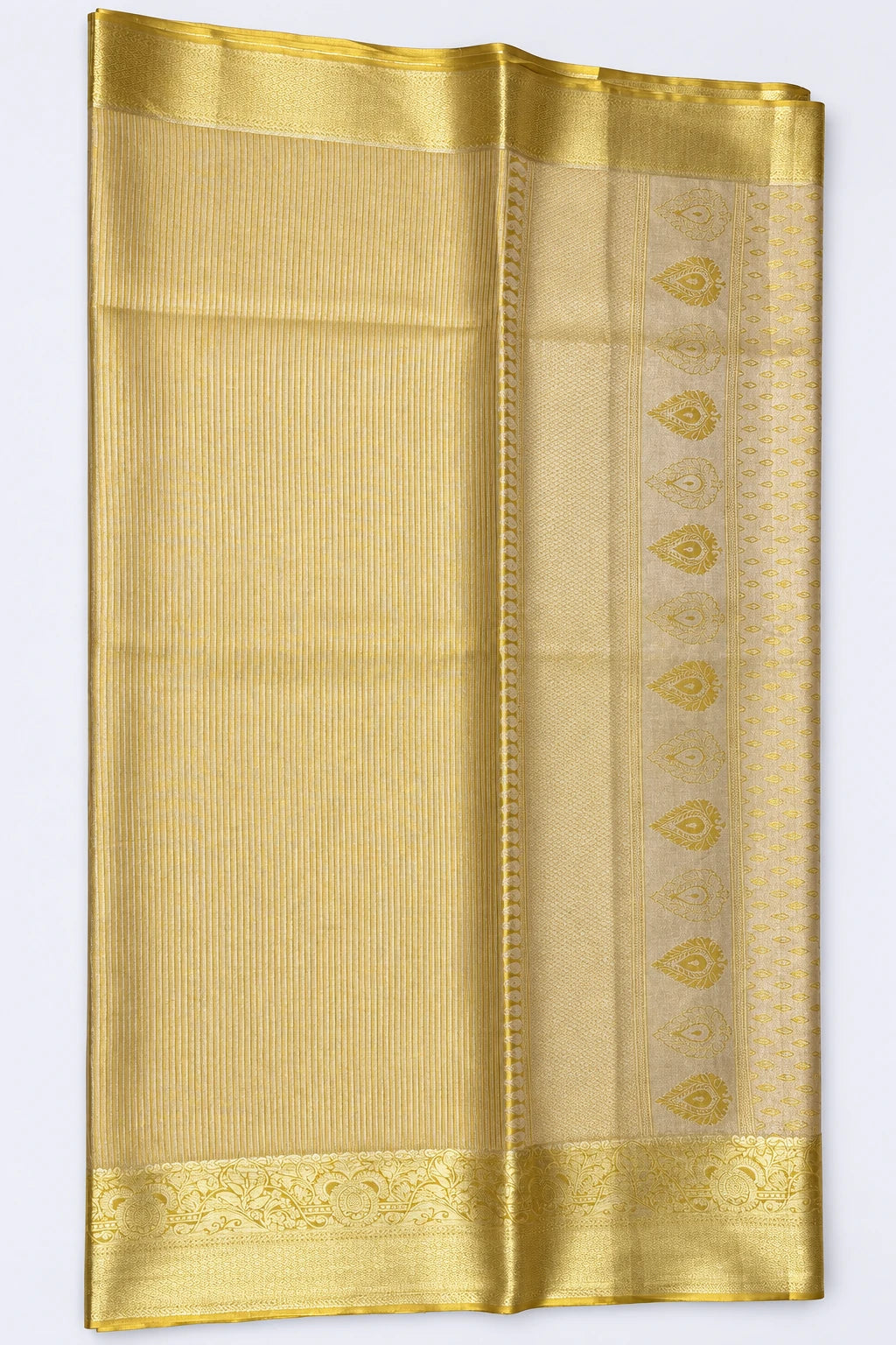 Hema — Champagne Gold Border Saree, retouched pallu detail on a clean background
