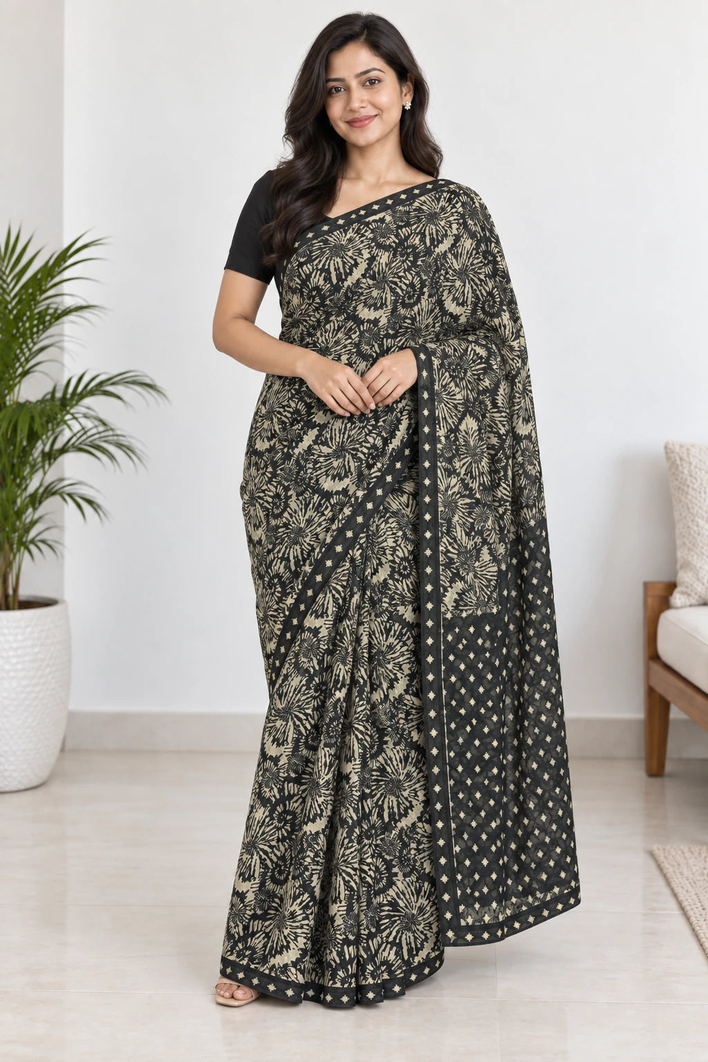 Medha — Black Ivory Botanical Saree, model-worn styling photograph