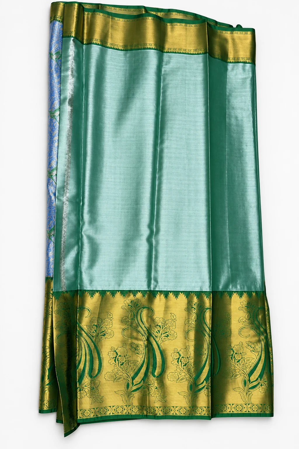 Ranjani — Blue Green Peacock Border Saree, retouched coordinating fabric on a clean background