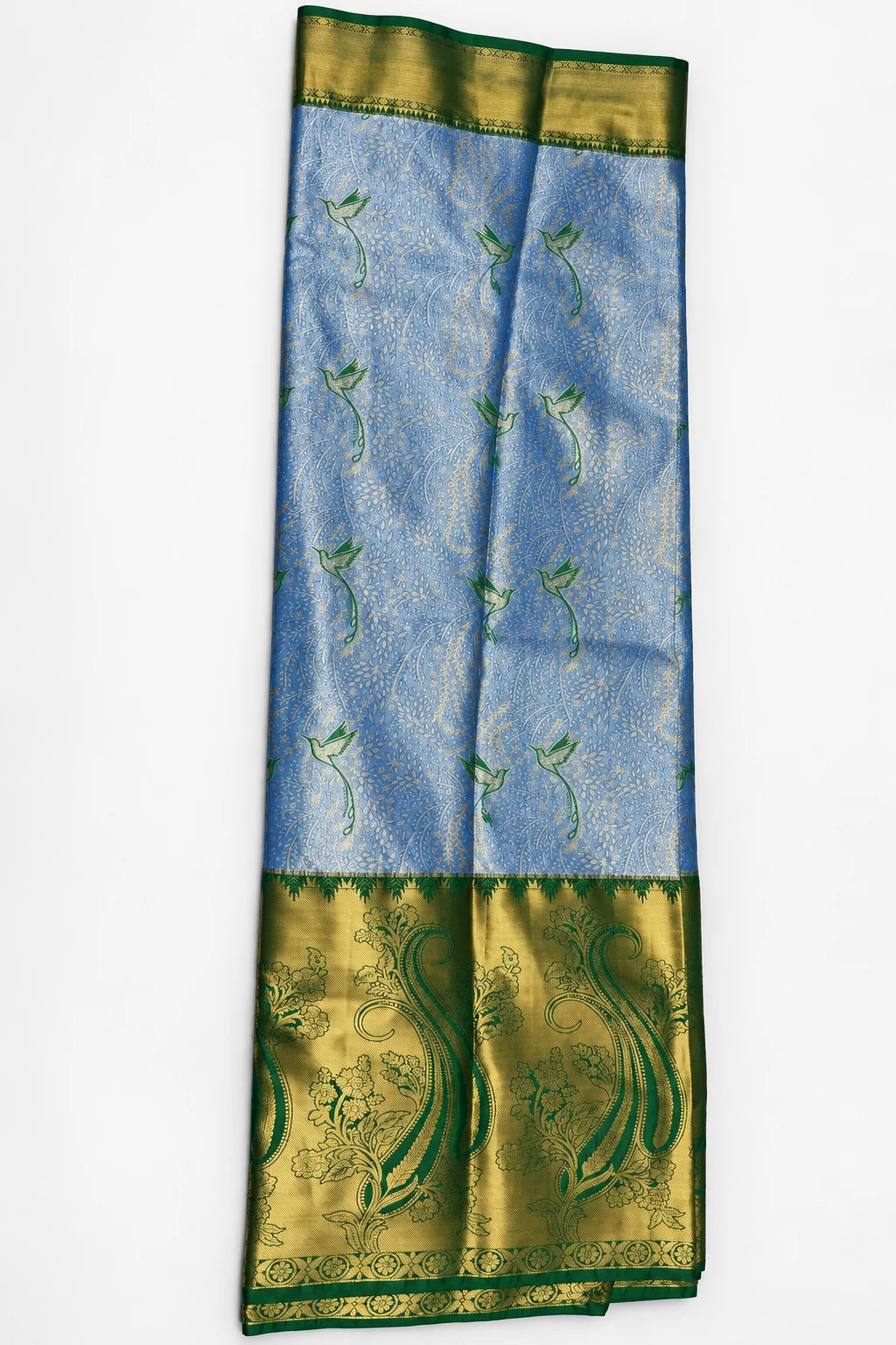 Ranjani — Blue Green Peacock Border Saree, retouched body & border on a clean background