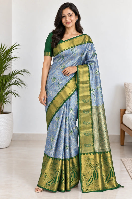 Ranjani — Blue Green Peacock Border Saree, model-worn styling photograph