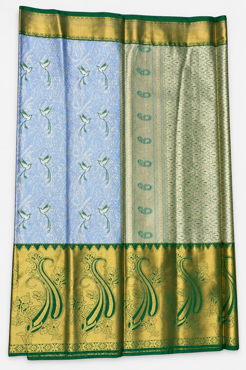 Ranjani — Blue Green Peacock Border Saree, retouched pallu detail on a clean background