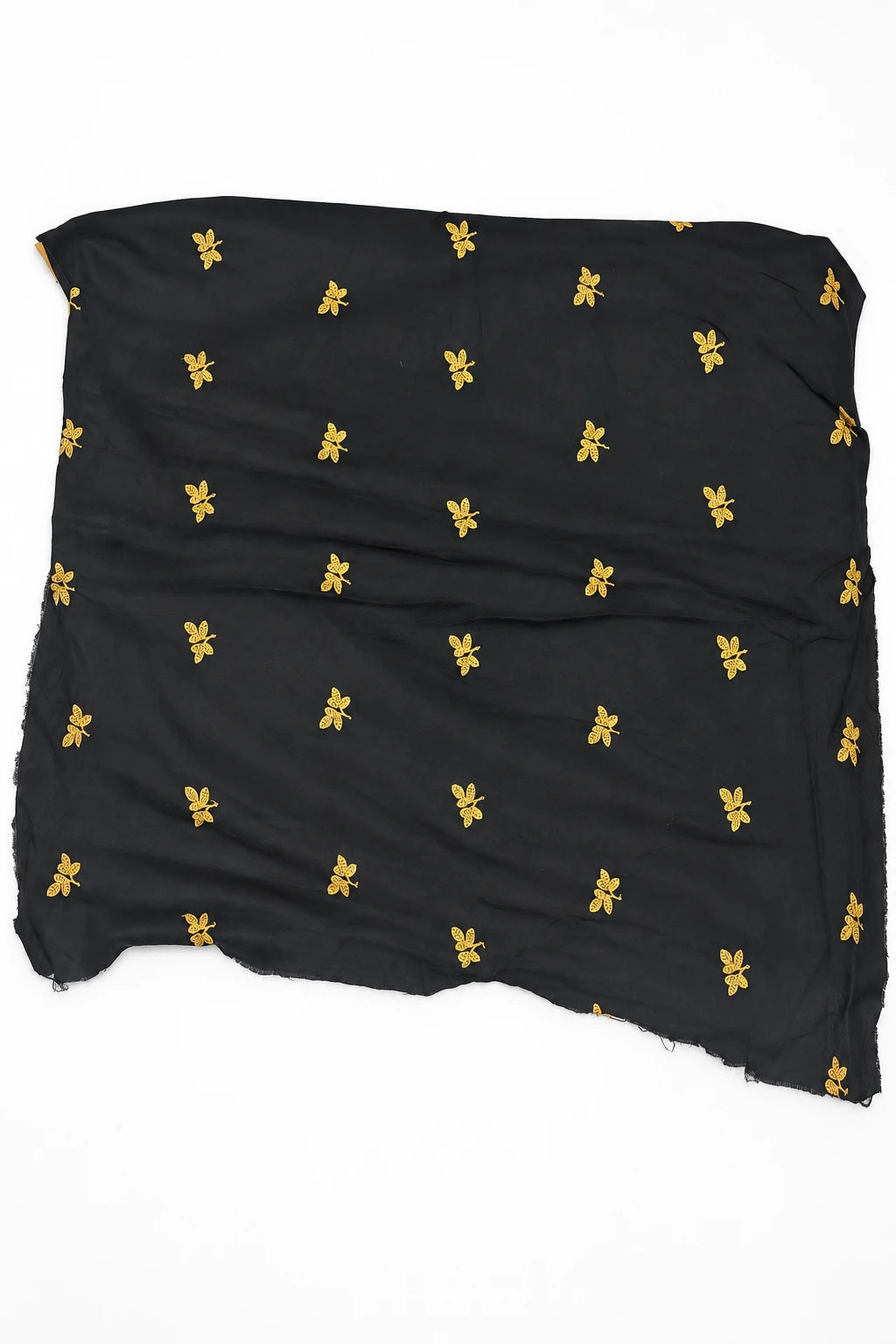 Saanvika — Mustard Black Floral Saree, retouched coordinating fabric on a clean background