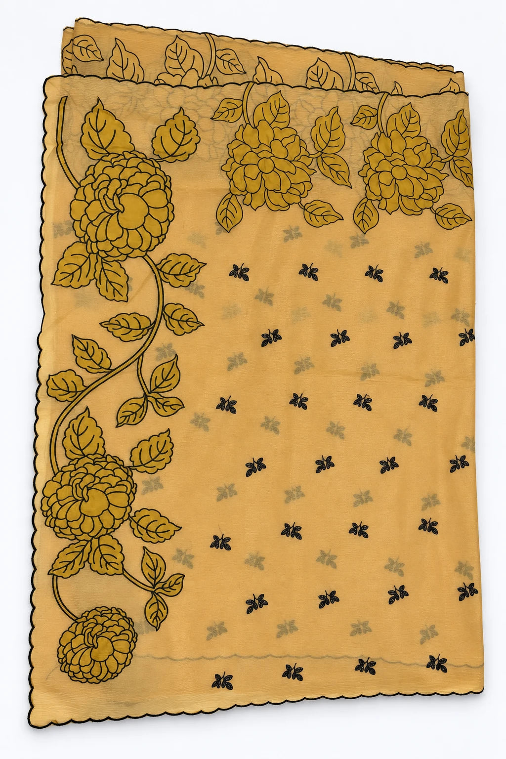 Saanvika — Mustard Black Floral Saree, retouched saree & floral border on a clean background