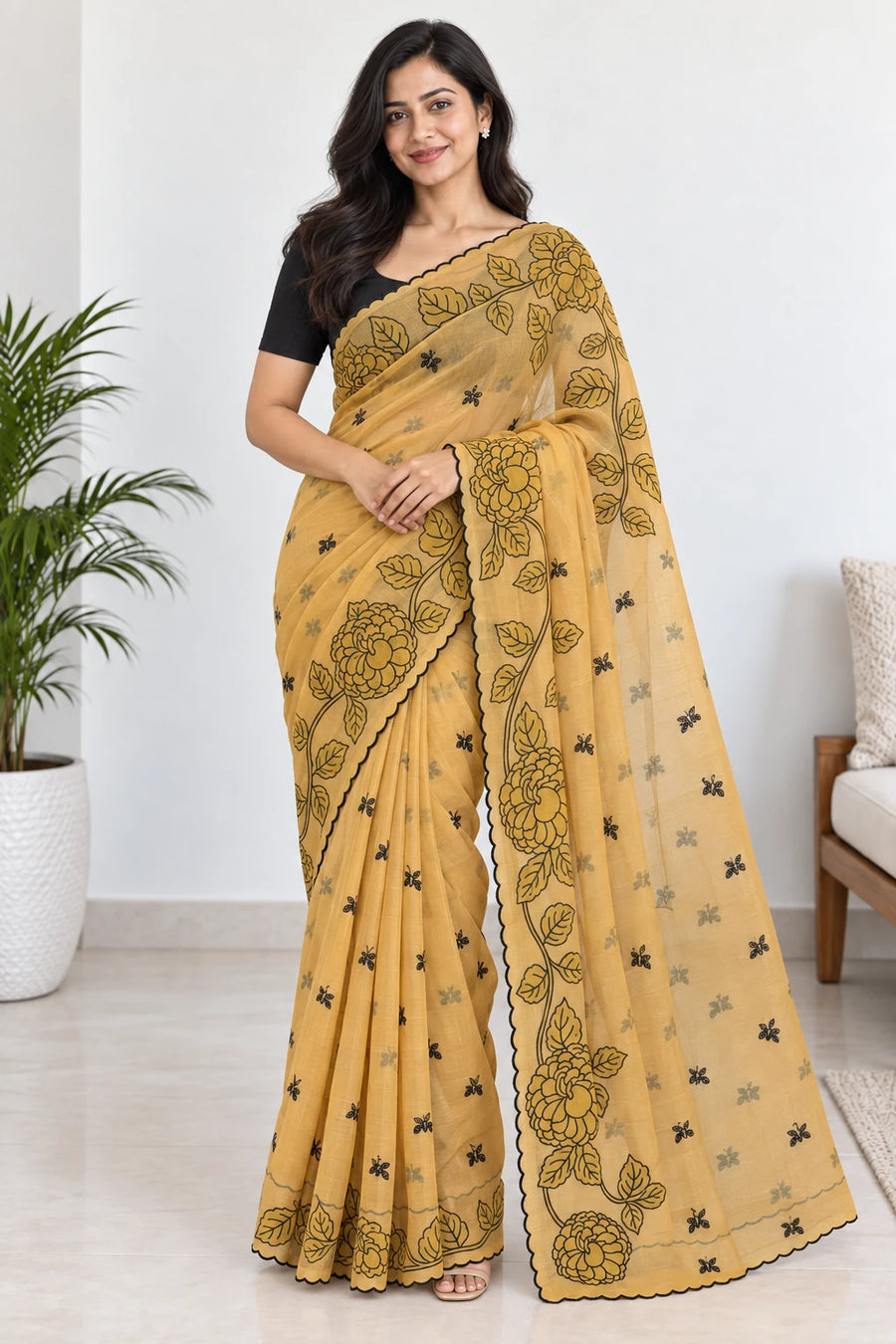 Saanvika — Mustard Black Floral Saree