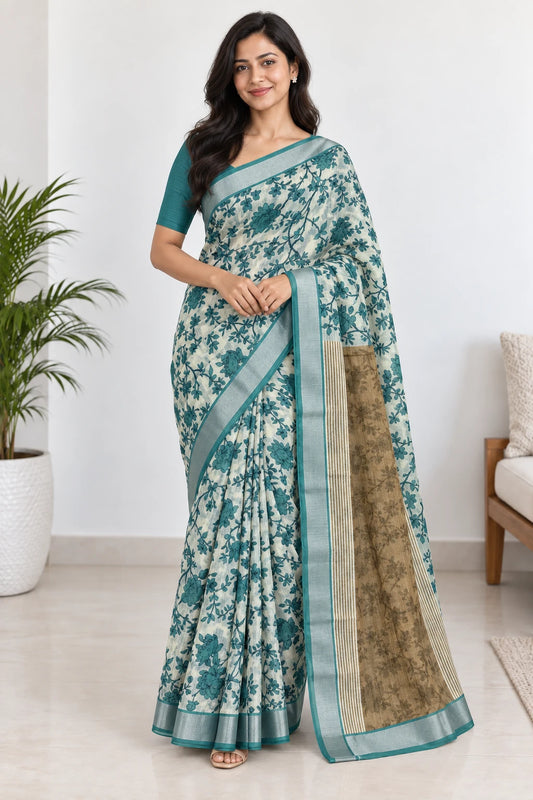 Samhita — Ivory Teal Rose Saree, model-worn styling photograph