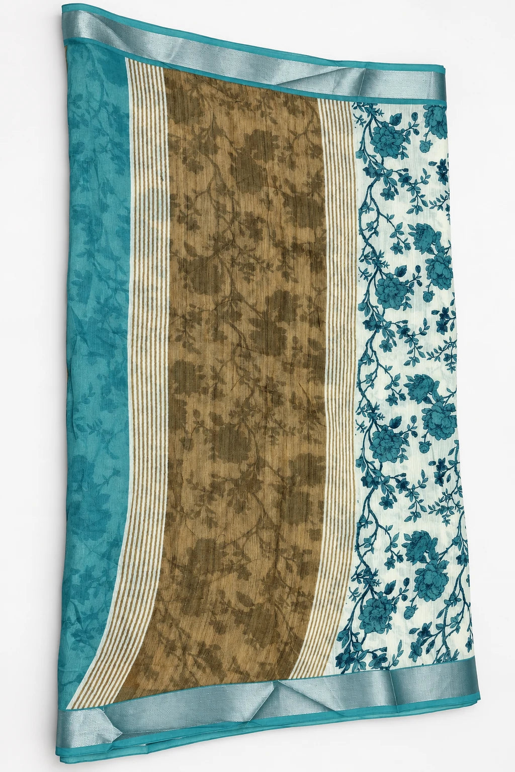 Samhita — Ivory Teal Rose Saree, retouched pallu & contrast on a clean background