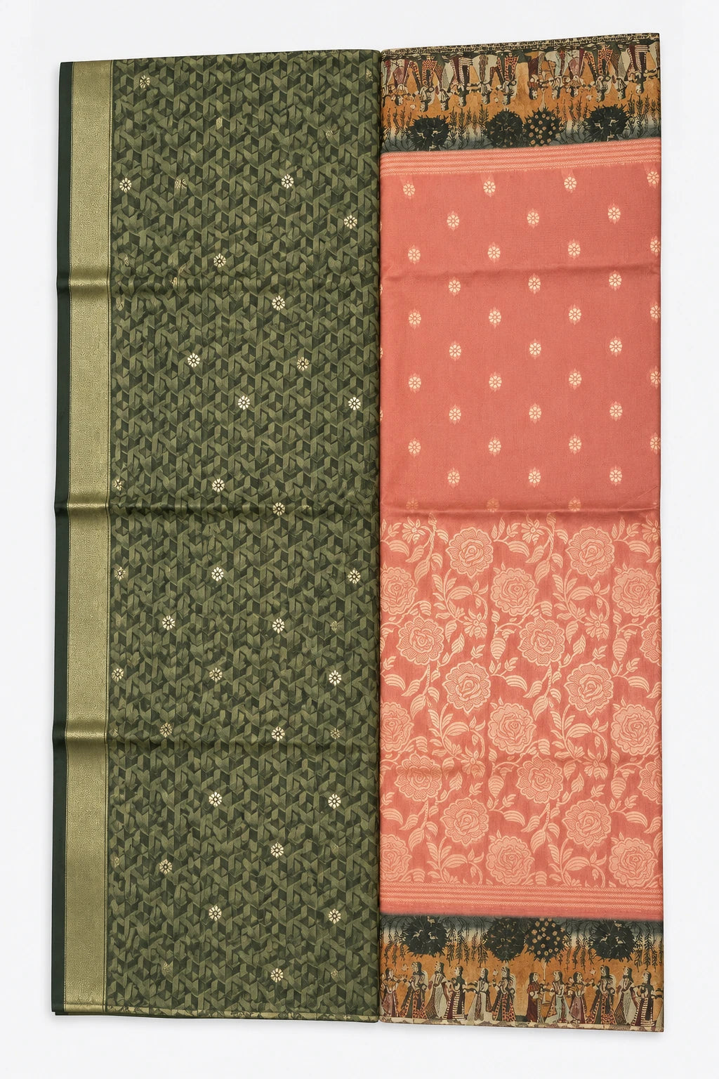 Samyukta — Olive Coral Folk Border Saree, retouched body & contrast on a clean background