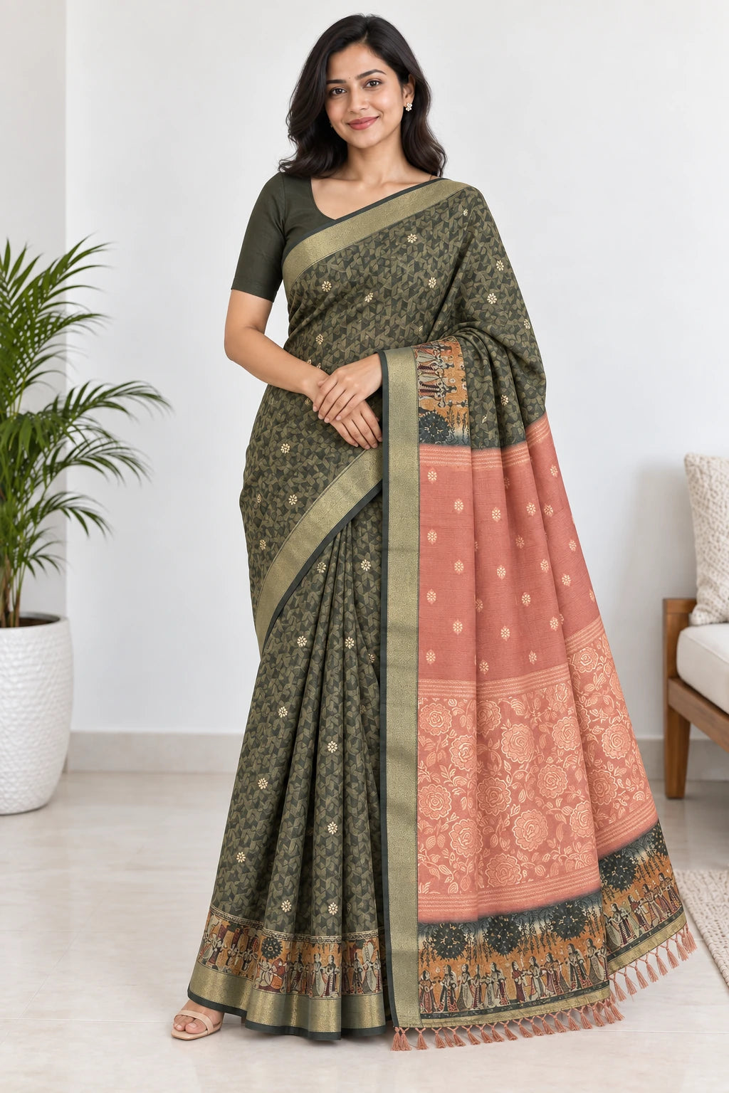 Samyukta — Olive Coral Folk Border Saree, model-worn styling photograph