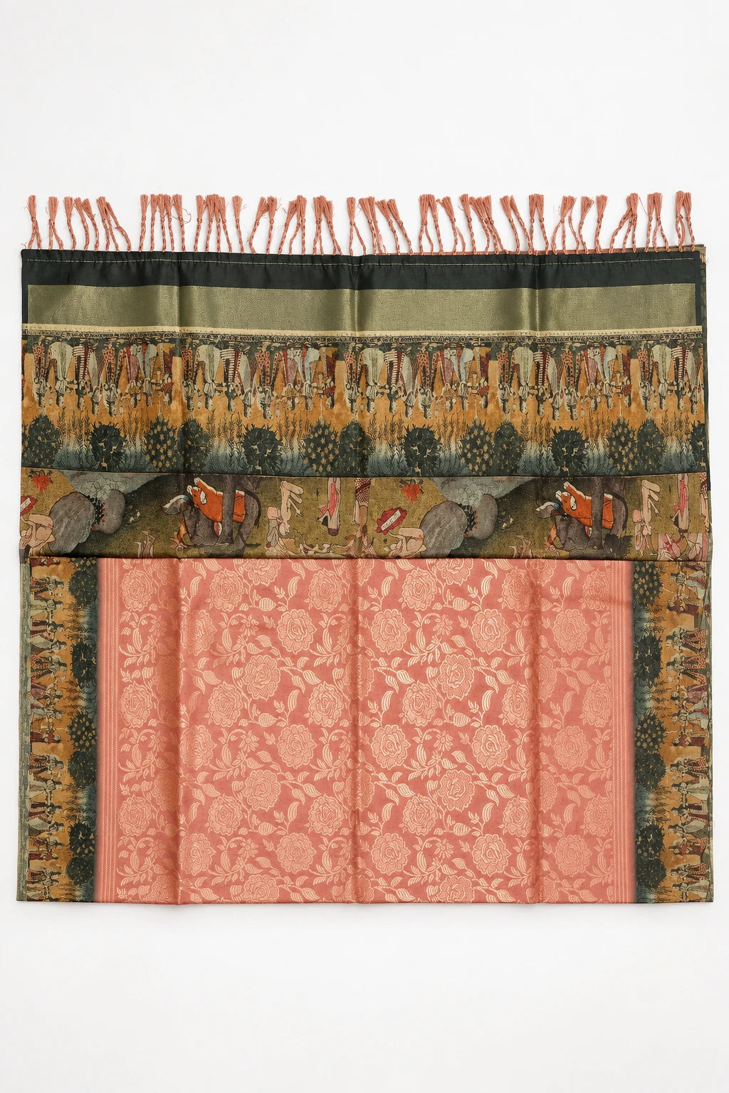 Samyukta — Olive Coral Folk Border Saree, retouched pallu & tassels on a clean background