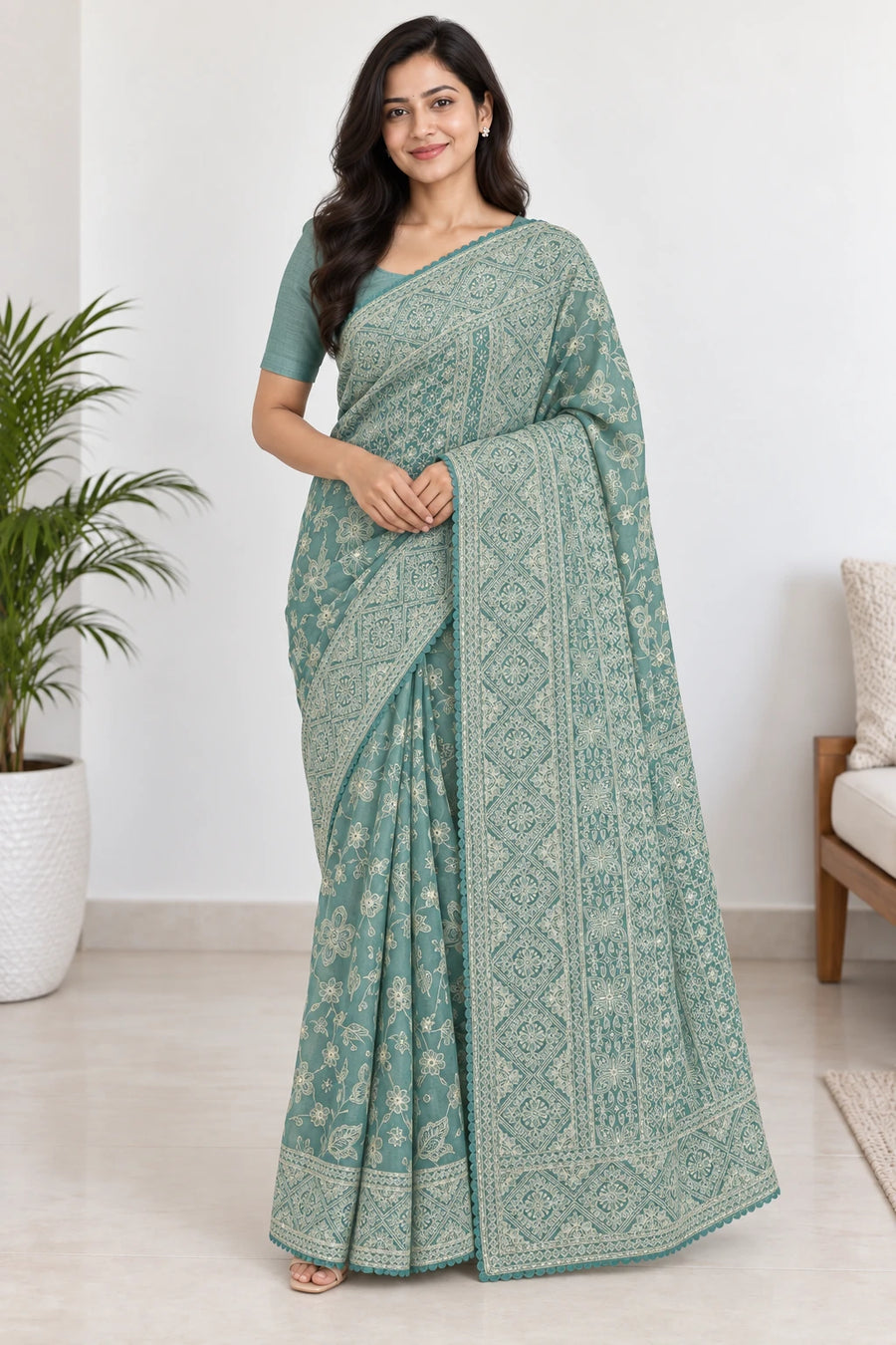 Saumya — Seafoam Geometric Floral Saree