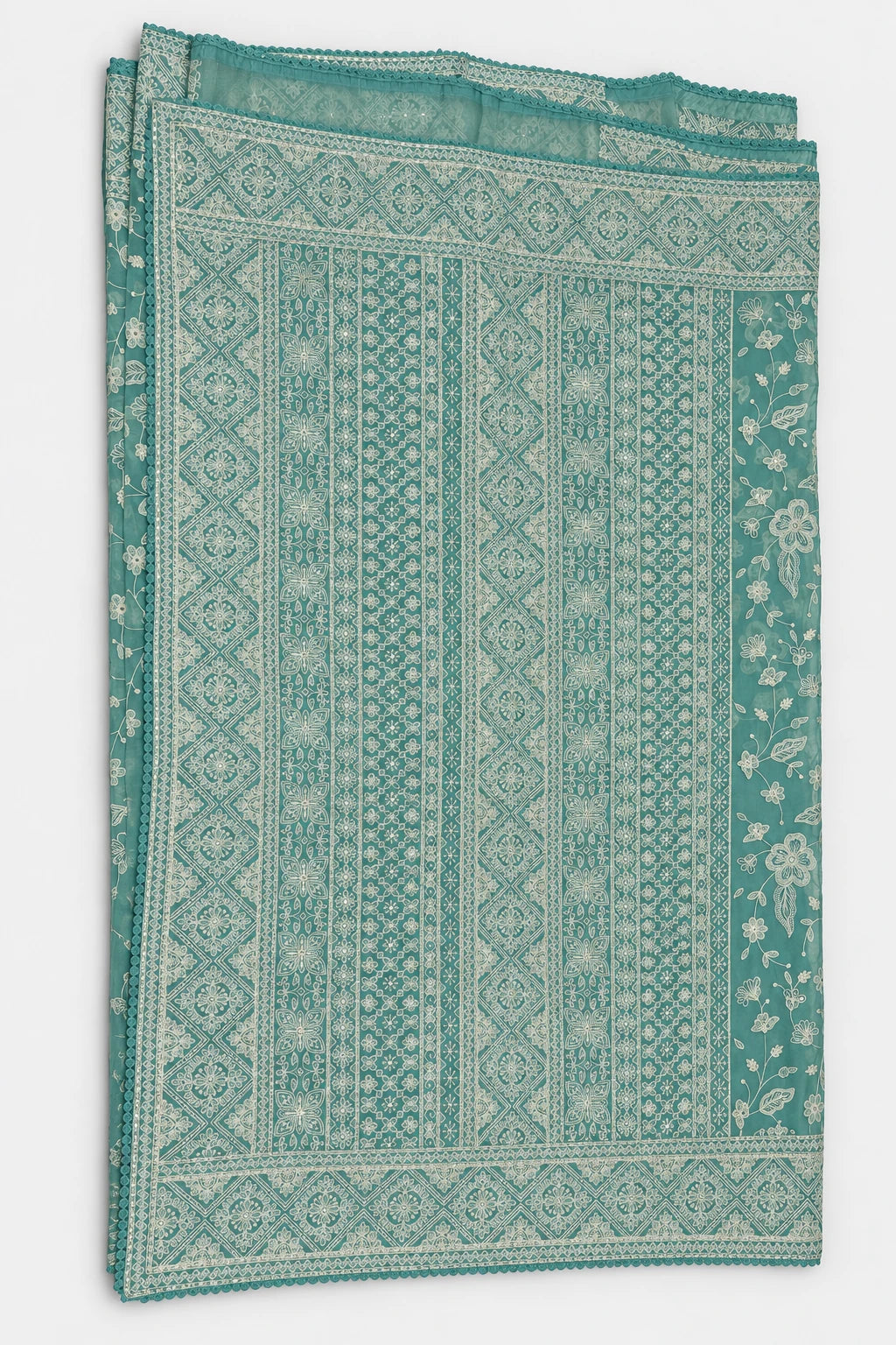 Saumya — Seafoam Geometric Floral Saree, retouched pattern & border detail on a clean background