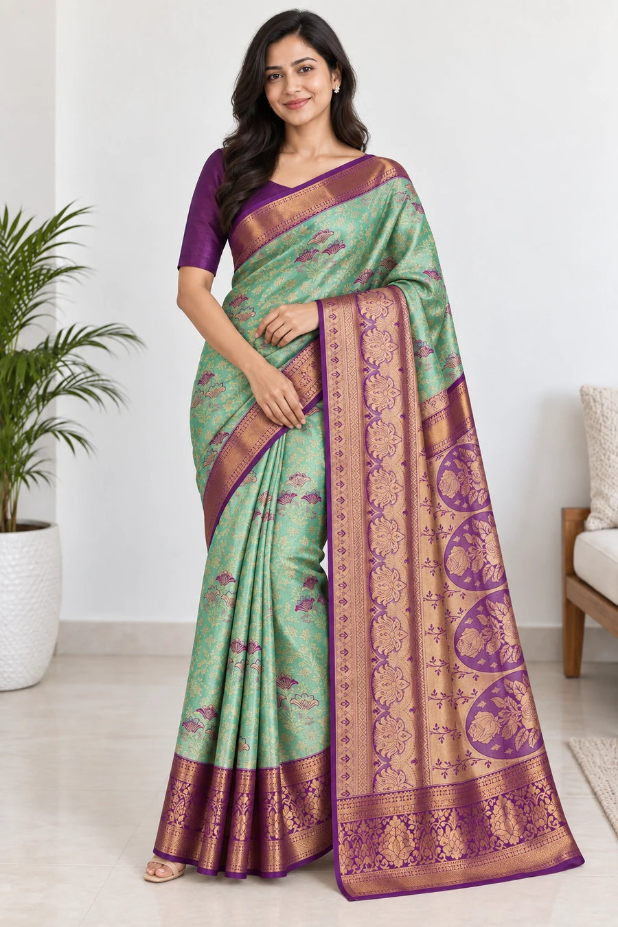 Vaishnavi — Mint Purple Floral Saree