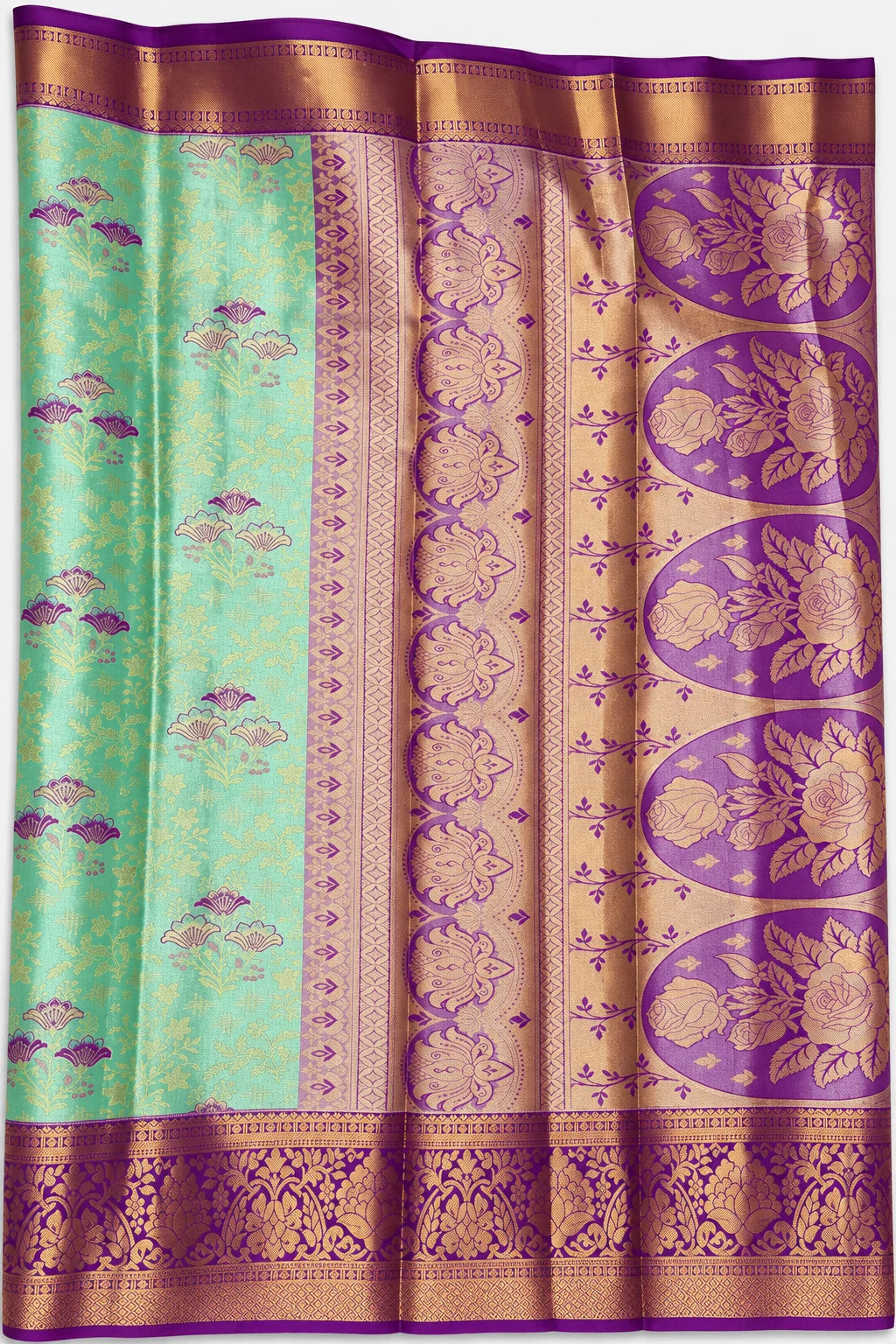 Vaishnavi — Mint Purple Floral Saree, retouched pallu detail on a clean background