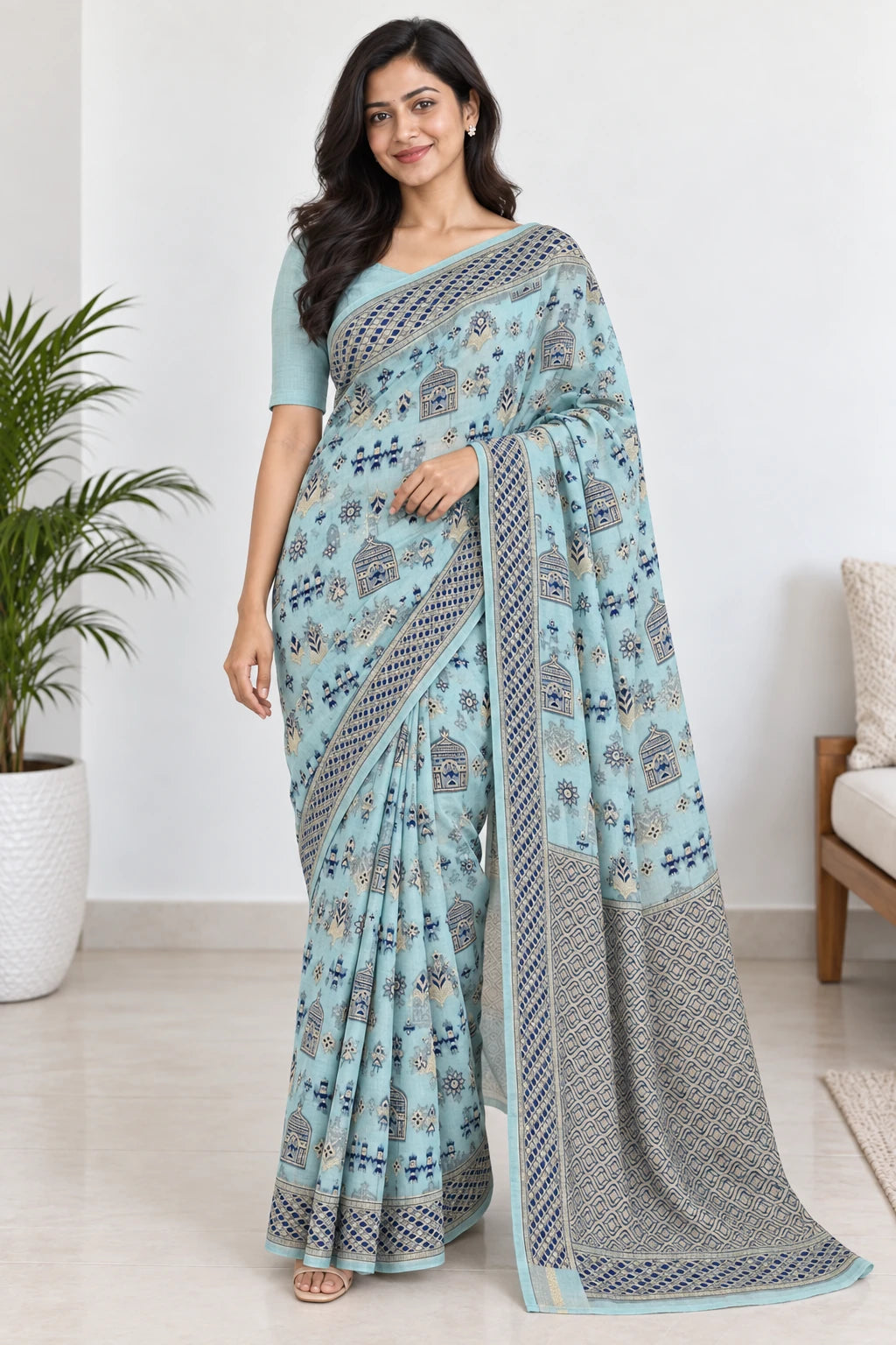 Advika — Aqua Birdcage Motif Saree, model-worn styling photograph