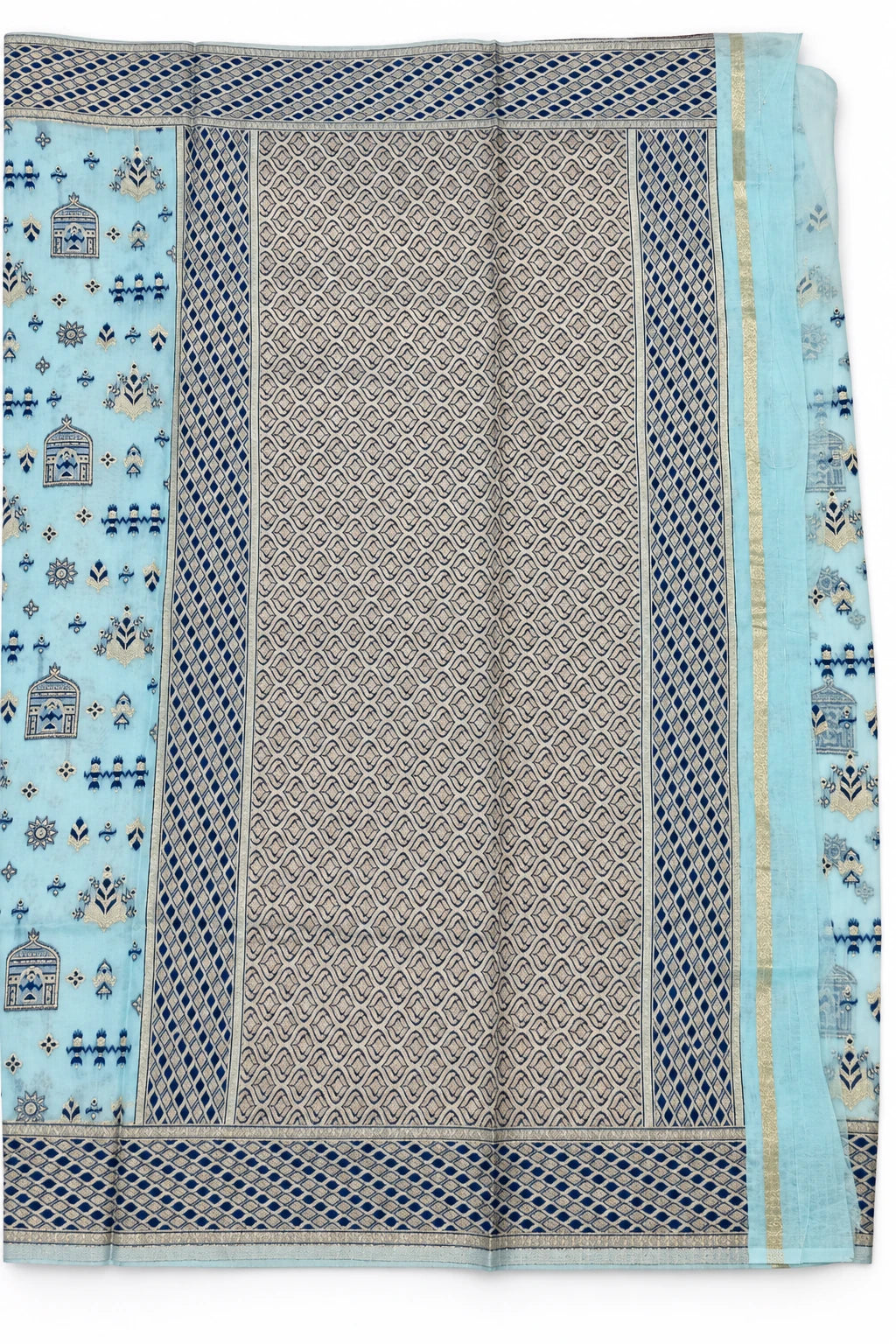 Advika — Aqua Birdcage Motif Saree, retouched geometric pallu on a clean background